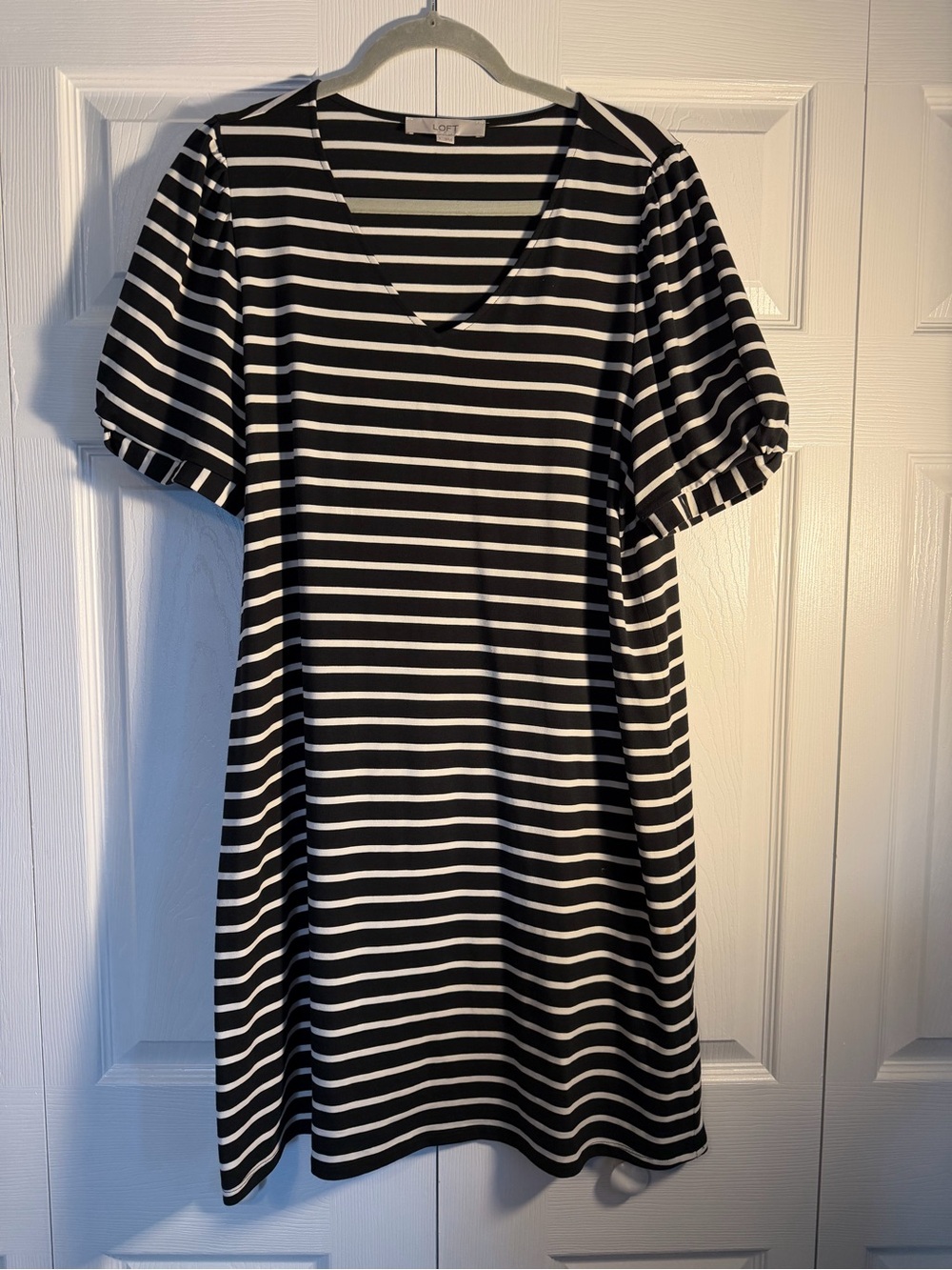 LOFT Black & White Striped V-Neck Midi Dress with Puff Sleeves